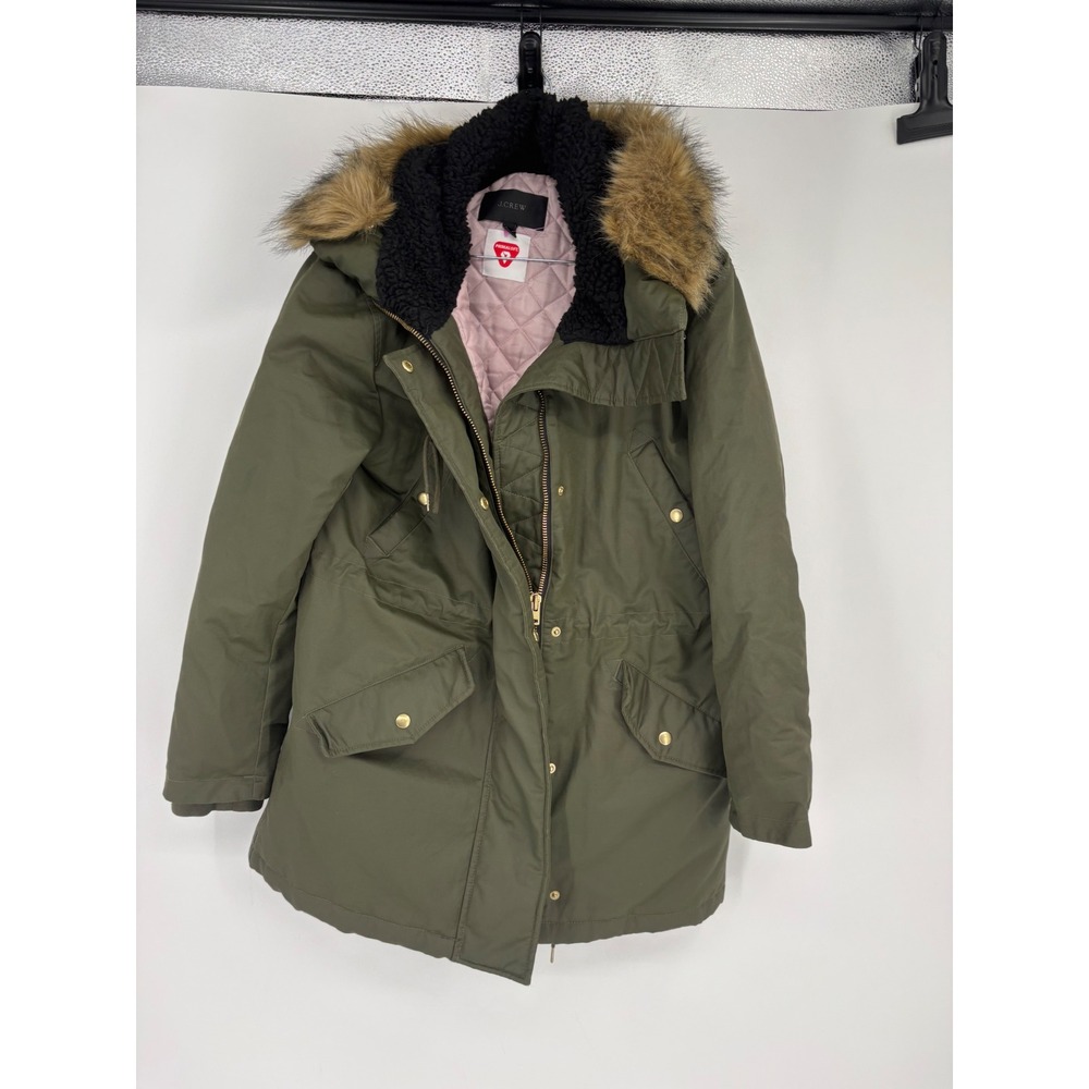 J.Crew Parka Womens L Green Chateau Primaloft Faux Fur Hood Winter Coat Snorkel